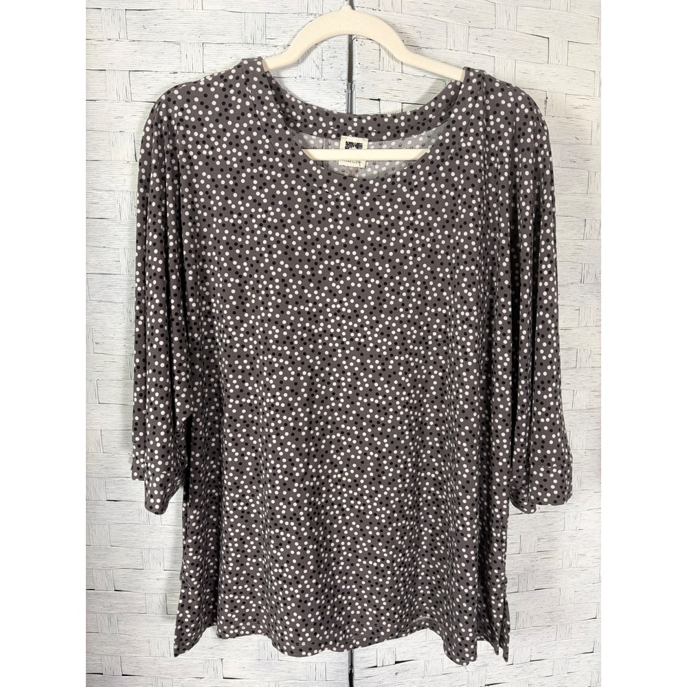 Anne Klein Womens Blouse Grey Black Polka Dot 3/4 Sleeve Scoop Neck casual